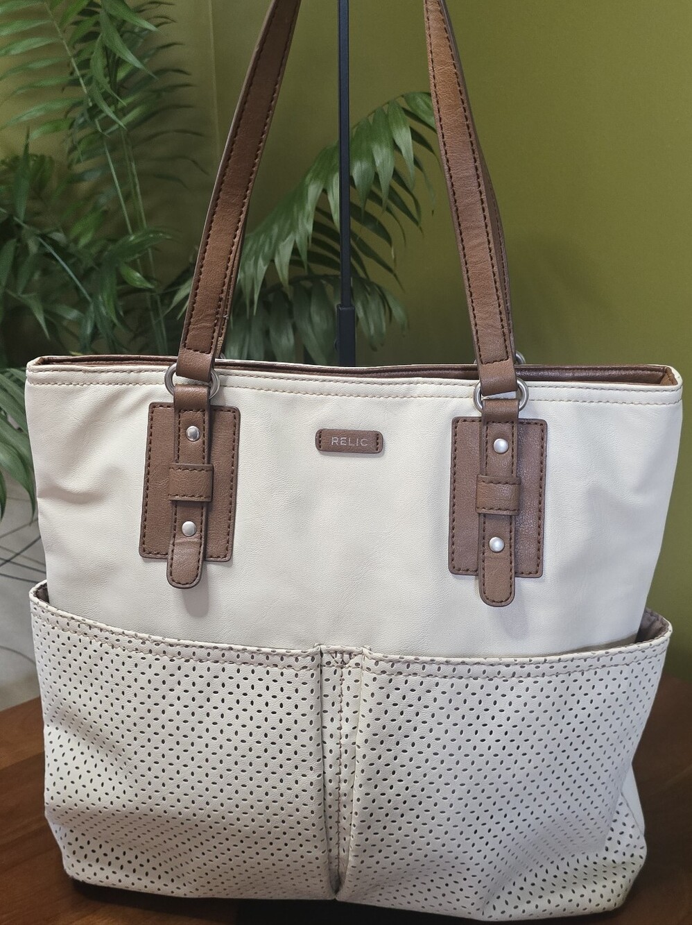 Relic Vegan Leather Bone Whie Tan Cream Perforated Tote Shoulder Bag Purse